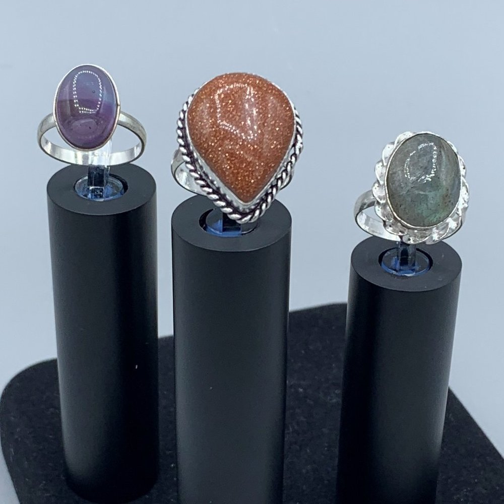 Set Of 3 Silver Toned Rings With Orange, Greyish Green & Purple Stones